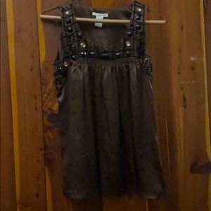 brown silk top w/embellished neck